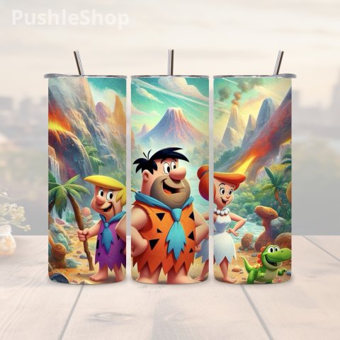 90's Cartoon Tumbler: 20 oz Pebbles, Fred and Wilma with Dino