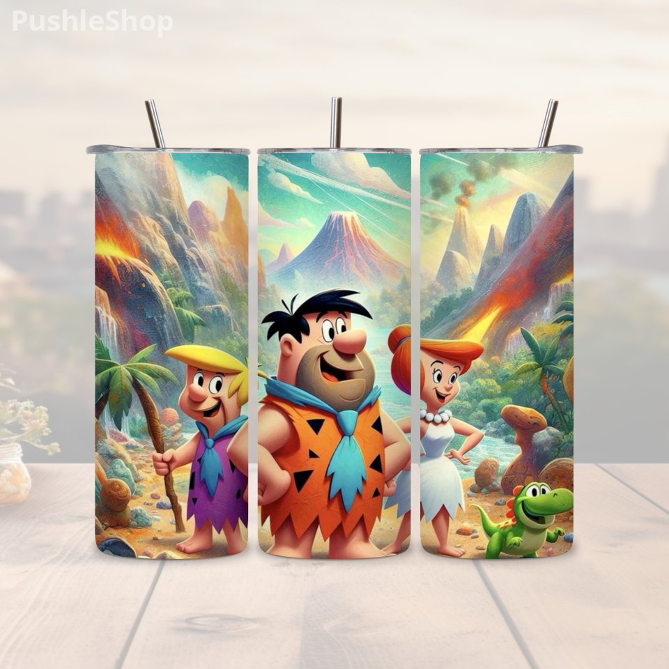 90's Cartoon Tumbler: 20 oz Pebbles, Fred and Wilma with Dino