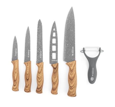6 Piece Kitchen Knives Set with Wooden Coated Handles