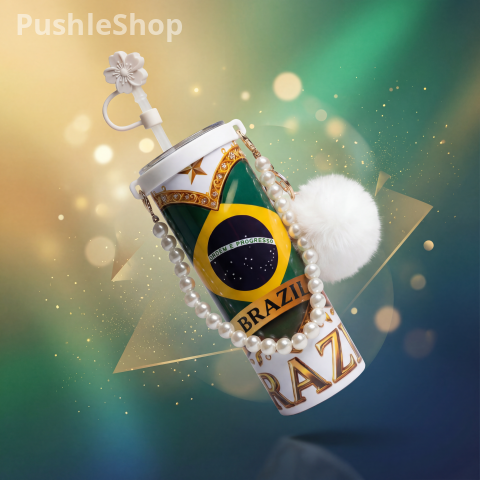 Brazil Tumbler 20 oz - Golden Bottle Design with Sparkling Balloons & Candle, 50th Birthday Celebration Drinkware, Ideal for Parties, Stylish Brazil Flag Motif, Everyday Use 5