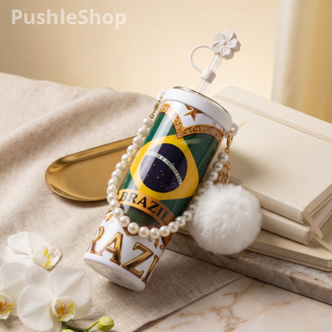 Brazil Tumbler 20 oz - Golden Bottle Design with Sparkling Balloons & Candle, 50th Birthday Celebration Drinkware, Ideal for Parties, Stylish Brazil Flag Motif, Everyday Use