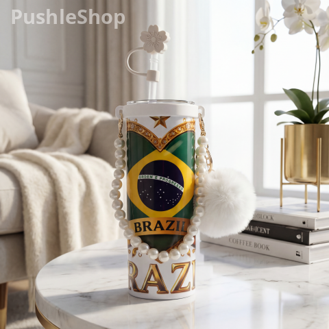 Brazil Tumbler 20 oz - Golden Bottle Design with Sparkling Balloons & Candle, 50th Birthday Celebration Drinkware, Ideal for Parties, Stylish Brazil Flag Motif, Everyday Use