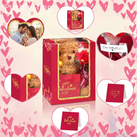 Valentine's Day Gift Set Include Stuffed Animal Bear with Rose Card and Box with Window 8.67″ for Girlfriend Mother Women Birthday Anniversary Wedding