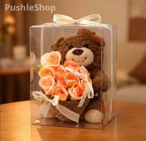 Valentine's Day Gift Plush Stuffed Animal Bear Gift with Cute Rose Flower Bouquet Greeting Card Clear Gifts Box String Light for Girlfriend Mother Women Birthday Anniversary Wedding 4