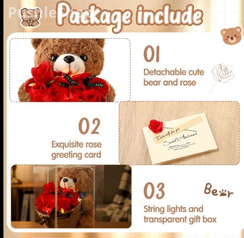 Valentine's Day Gift Plush Stuffed Animal Bear Gift with Cute Rose Flower Bouquet Greeting Card Clear Gifts Box String Light for Girlfriend Mother Women Birthday Anniversary Wedding 3