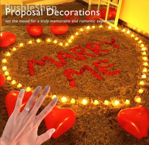 Romantic Night For Her Set, 1000Pcs Artificial Rose Petals | 30Pcs Burgundy Heart Balloon | 24Pcs Battery Candles, Heart Tea Lights Candles for Romantic Night, Valentine, Wedding, Anniversary Table Decorations halloween decor Bathroom 6