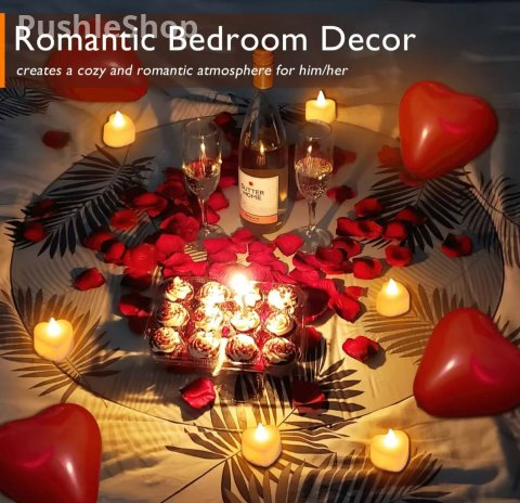 Romantic Night For Her Set, 1000Pcs Artificial Rose Petals | 30Pcs Burgundy Heart Balloon | 24Pcs Battery Candles, Heart Tea Lights Candles for Romantic Night, Valentine, Wedding, Anniversary Table Decorations halloween decor Bathroom 5