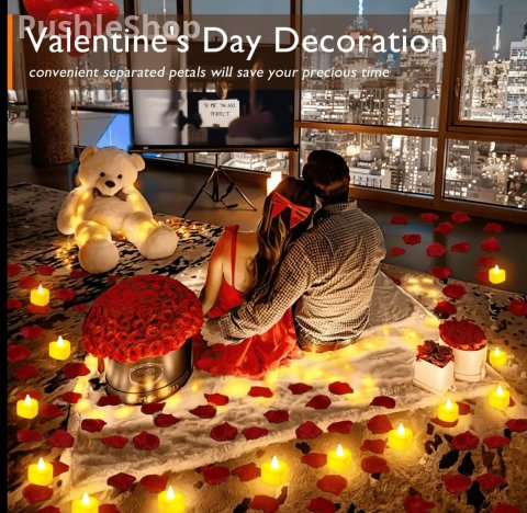 Romantic Night For Her Set, 1000Pcs Artificial Rose Petals | 30Pcs Burgundy Heart Balloon | 24Pcs Battery Candles, Heart Tea Lights Candles for Romantic Night, Valentine, Wedding, Anniversary Table Decorations halloween decor Bathroom