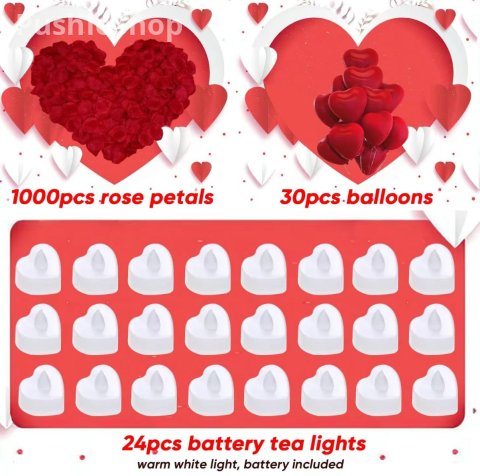 Romantic Night For Her Set, 1000Pcs Artificial Rose Petals | 30Pcs Burgundy Heart Balloon | 24Pcs Battery Candles, Heart Tea Lights Candles for Romantic Night, Valentine, Wedding, Anniversary Table Decorations halloween decor Bathroom