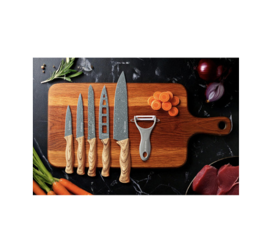 6 Piece Kitchen Knives Set with Wooden Coated Handles