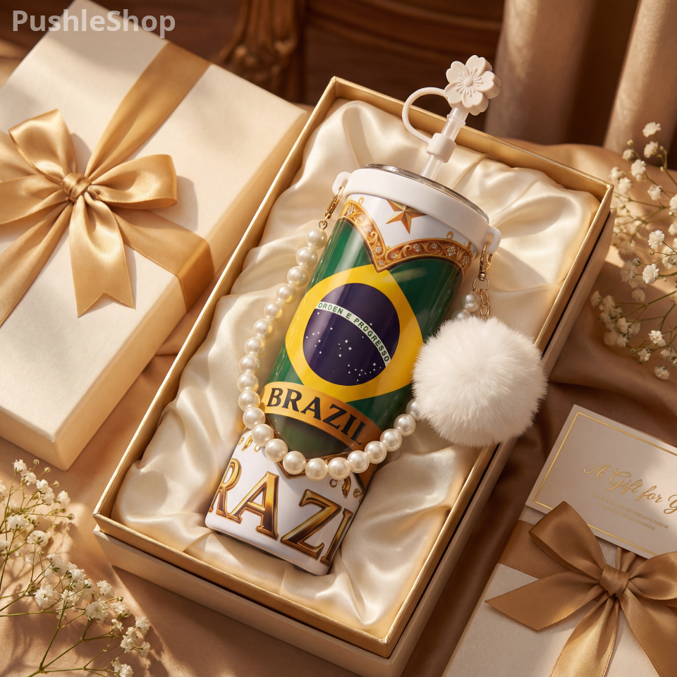 Brazil Tumbler 20 oz - Golden Bottle Design with Sparkling Balloons & Candle, 50th Birthday Celebration Drinkware, Ideal for Parties, Stylish Brazil Flag Motif, Everyday Use