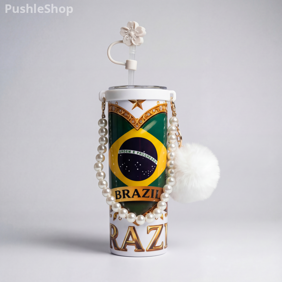 Brazil Tumbler 20 oz - Golden Bottle Design with Sparkling Balloons & Candle, 50th Birthday Celebration Drinkware, Ideal for Parties, Stylish Brazil Flag Motif, Everyday Use