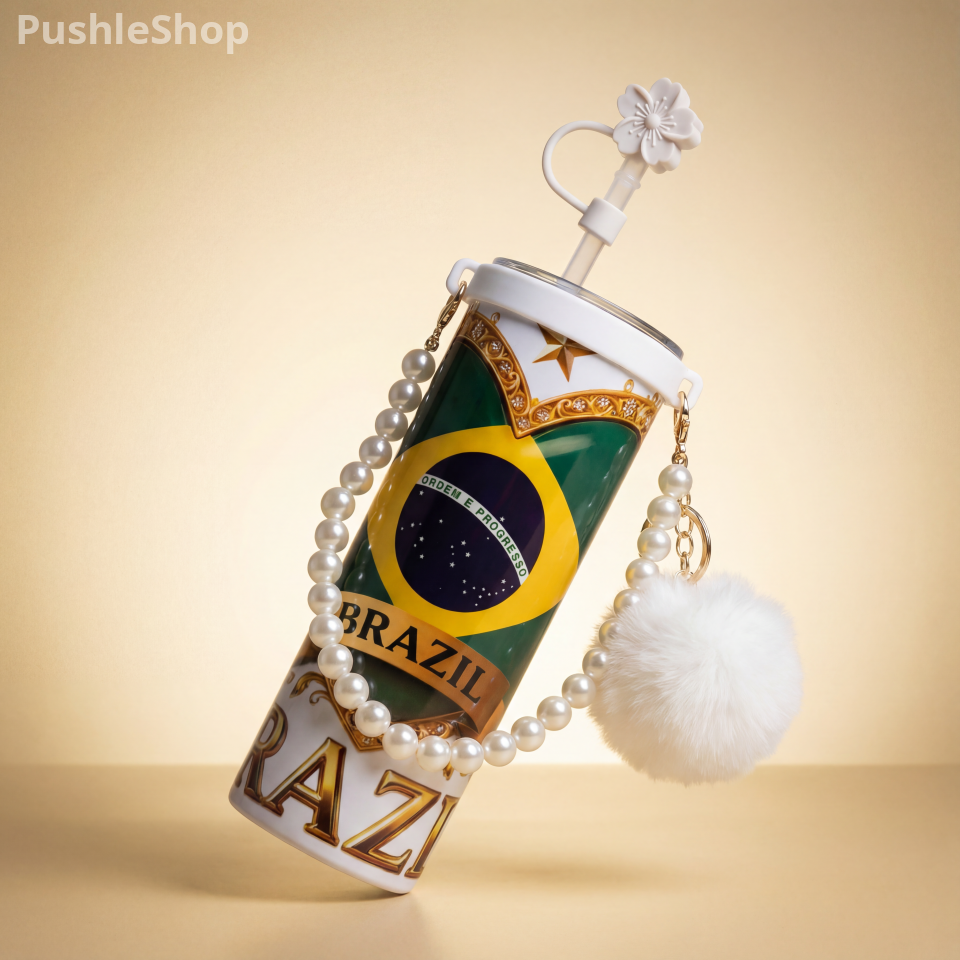 Brazil Tumbler 20 oz - Golden Bottle Design with Sparkling Balloons & Candle, 50th Birthday Celebration Drinkware, Ideal for Parties, Stylish Brazil Flag Motif, Everyday Use