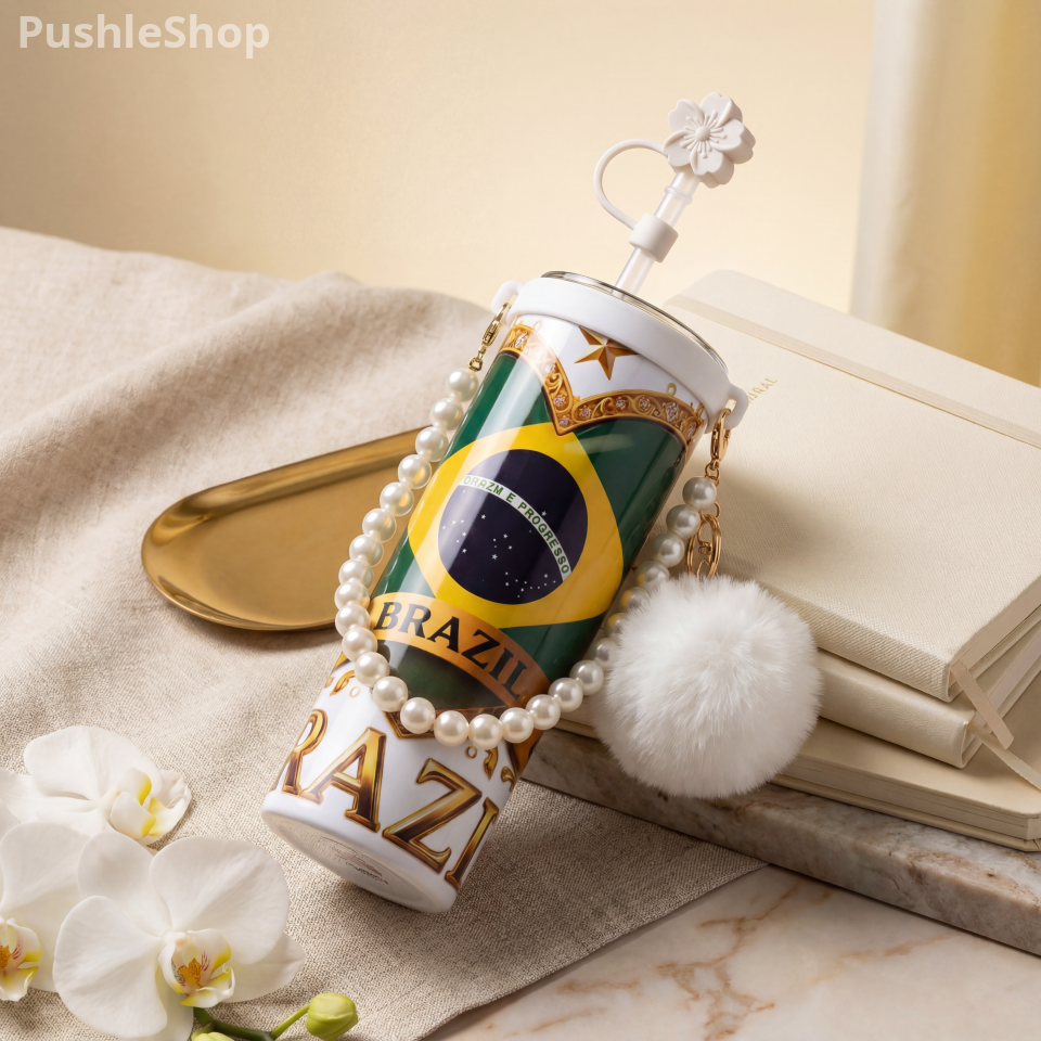 Brazil Tumbler 20 oz - Golden Bottle Design with Sparkling Balloons & Candle, 50th Birthday Celebration Drinkware, Ideal for Parties, Stylish Brazil Flag Motif, Everyday Use