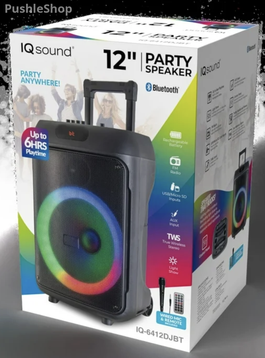 IQ Sound IQ-6412DJBT 2 X 12-inch Portable Bluetooth Speaker, TWS, FM Radio, LED Lights, USB/Micro SD, Built-in Wheels, R