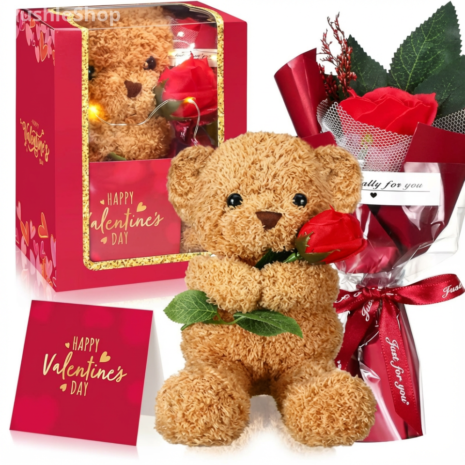 Valentine's Day Gift Set Include Stuffed Animal Bear with Rose Card and Box with Window 8.67″ for Girlfriend Mother Women Birthday Anniversary Wedding