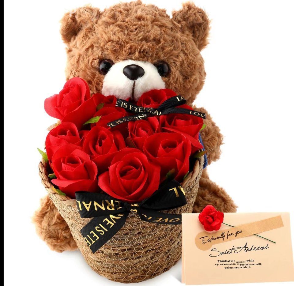 Valentine's Day Gift Plush Stuffed Animal Bear Gift with Cute Rose Flower Bouquet Greeting Card Clear Gifts Box String Light for Girlfriend Mother Women Birthday Anniversary Wedding