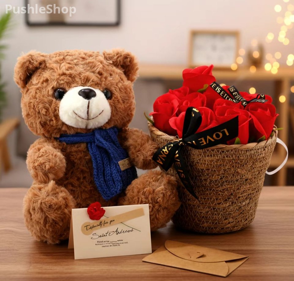 Valentine's Day Gift Plush Stuffed Animal Bear Gift with Cute Rose Flower Bouquet Greeting Card Clear Gifts Box String Light for Girlfriend Mother Women Birthday Anniversary Wedding
