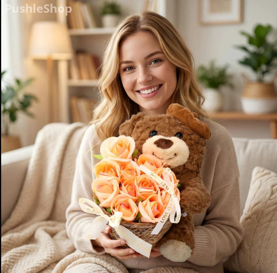 Valentine's Day Gift Plush Stuffed Animal Bear Gift with Cute Rose Flower Bouquet Greeting Card Clear Gifts Box String Light for Girlfriend Mother Women Birthday Anniversary Wedding