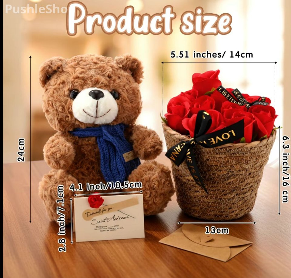 Valentine's Day Gift Plush Stuffed Animal Bear Gift with Cute Rose Flower Bouquet Greeting Card Clear Gifts Box String Light for Girlfriend Mother Women Birthday Anniversary Wedding