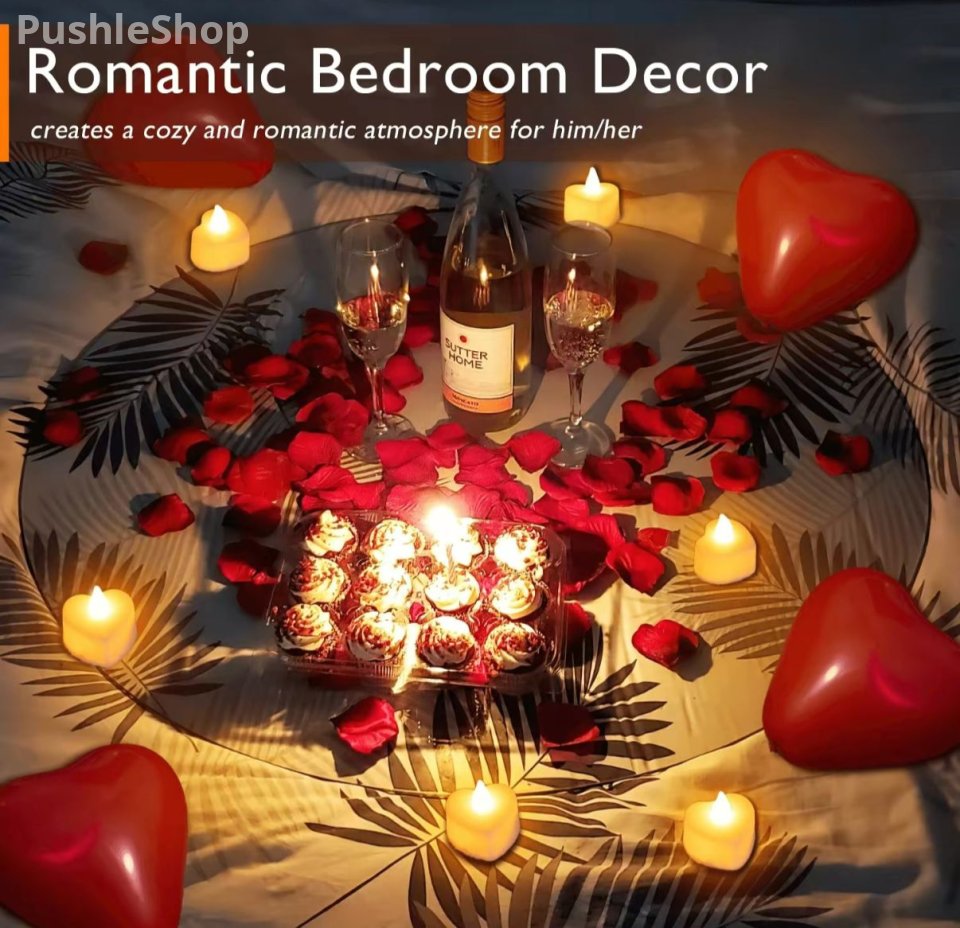 Romantic Night For Her Set, 1000Pcs Artificial Rose Petals | 30Pcs Burgundy Heart Balloon | 24Pcs Battery Candles, Heart Tea Lights Candles for Romantic Night, Valentine, Wedding, Anniversary Table Decorations halloween decor Bathroom