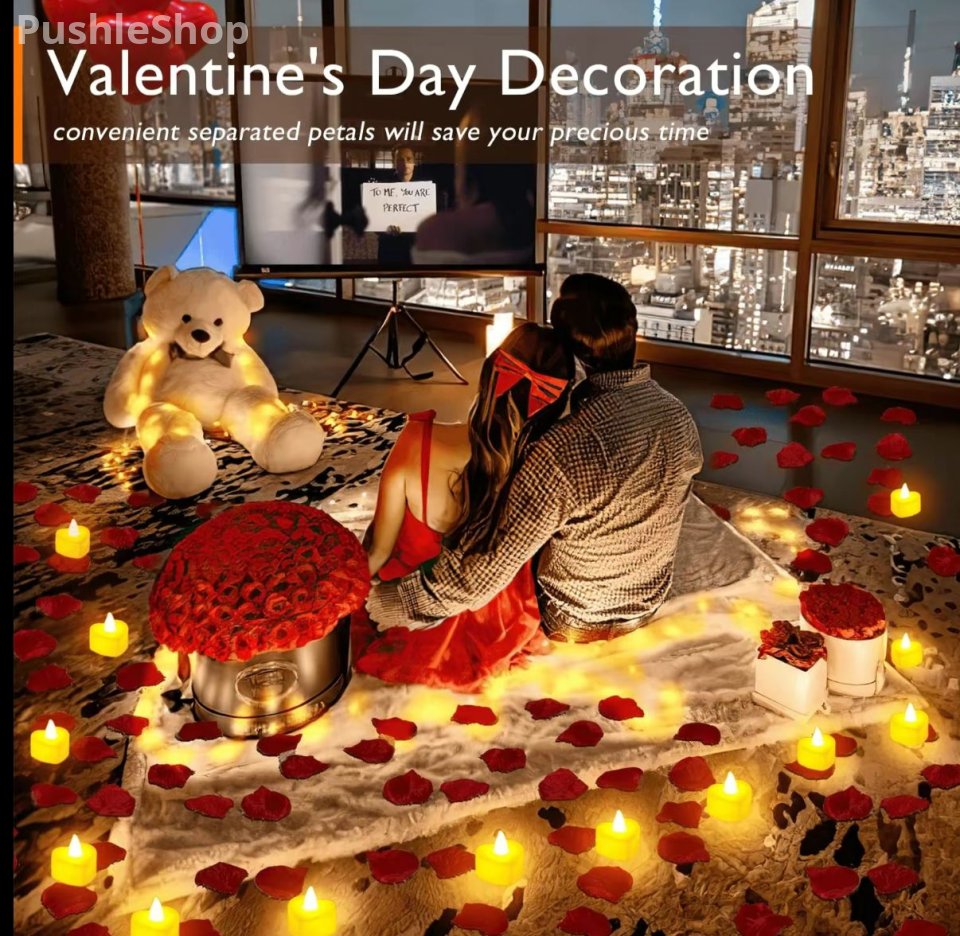 Romantic Night For Her Set, 1000Pcs Artificial Rose Petals | 30Pcs Burgundy Heart Balloon | 24Pcs Battery Candles, Heart Tea Lights Candles for Romantic Night, Valentine, Wedding, Anniversary Table Decorations halloween decor Bathroom